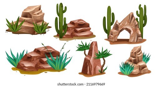 Desert Rock Set, Vector Canyon Stone Kit, Wild West Environment Nature Objects, Cactus, Succulent, Agave. Mountain Boulder, Dry Cliff Formation, Landscape Elements, Arch. Desert Rock Game Clipart