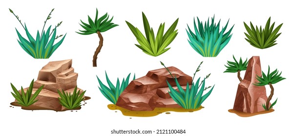 Juego de vectores de roca del desierto, kit de piedra de cañón, cactus, agave, plantas suculentas, objetos naturales del oeste silvestre. Montañas secas de acantilados rocosos elementos paisajísticos. Colección del entorno del juego de rock del desierto sobre blanco