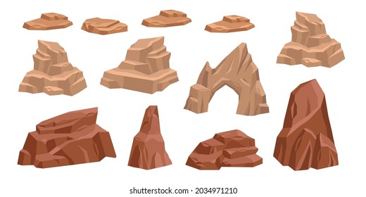 Desert rock vector set, cartoon stone canyon arc, Mexico eroded nature boulder isolated on white. Drought environment game object, dry cracked cliff kit west raw terrain formation. Desert rock clipart