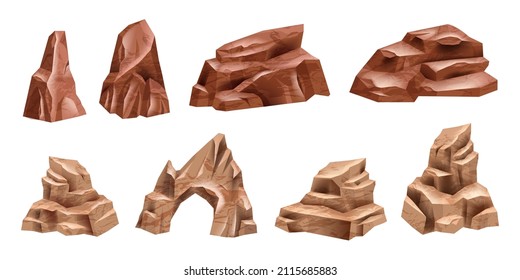 Desert Rock Vector Set, Mexico Eroded Nature Boulder Isolated On White, Cartoon Stone Canyon Arc. Drought Environment Game Object, West Raw Terrain Formation, Mars Dry Cracked Cliff Kit. Desert Rock