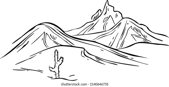 Desert with rocks and cactus hand draw vector illustration art