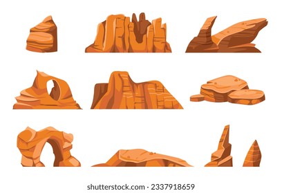 Desert rocks. Cartoon sand stones, exotic landscape elements. Dry summer environment, cracked wild cliffs. Outdoor Sahara natural blocks of different shapes isolated on white vector set