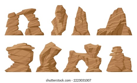 Desert rocks, sand stone canyon elements. Cartoon desert rocks landscape, nature brown cracked mountain pieces flat vector symbols collection. Western canyon rock set