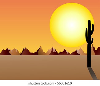 Desert and rocks under sunset background. Vector illustration.