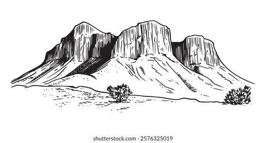 desert rocky mountain landscape sketch in black outline