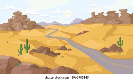 Desert with rocky mountains and hills of sand, growing cactus plants along path, flat cartoon design. Vector Arizona, Sahara or wild west sandy doughty valley landscape. Mexico panorama, hot place