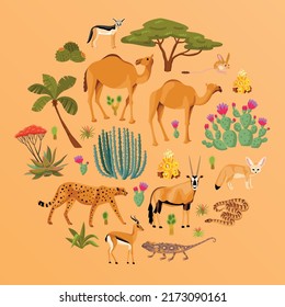 Desert round composition with cartoon representatives of flora and fauna on yellow background flat vector illustration