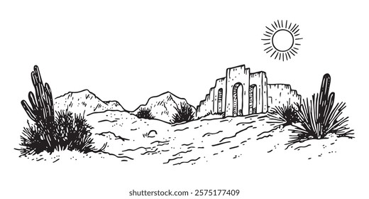 desert ruins with cacti and mountains in black and white drawing