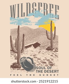 Desert safari Adventure truism, Arizona vintage desert print artwork, western vibes t-shirt design, grunge texture mountain , sky, cactus, print. summer clothing print look like cow boy, cow girl