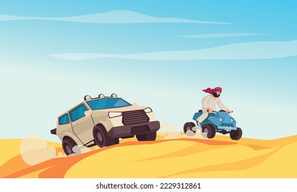 Desert safari cartoon poster with arab man on bike and travel vehicle vector illustration