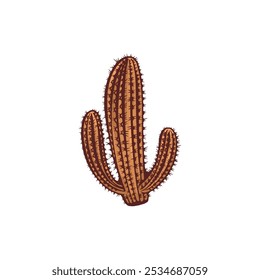 Wüste Saguaro Kaktus Symbol. Sukkulente stachelige braune Pflanze. Cartoon exotische tropische Kakteen. Sommer Natur, handgezeichnete Illustration einzeln auf Weiß. amerikanisches Gothic-Thema