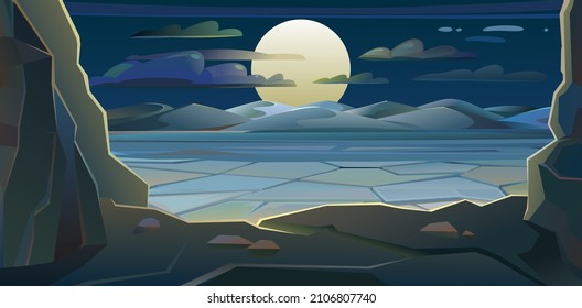 Arena del desierto. Noche oscura con una gran luna brillante. Tierras del desierto afectadas por la sequía. Paisaje del campo sur. Genial estilo de las caricaturas. Vector.