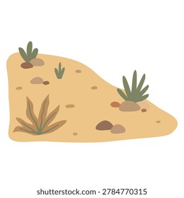 Desert sand dune hill mound with small dry shrubs landscape asset flat vector illustration