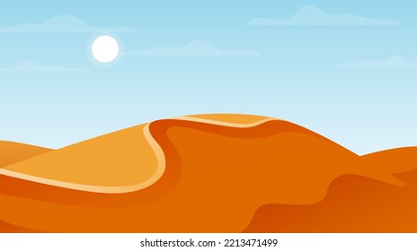 Desert with sand dunes. African or Arabian landscape and terrain background. Sandy hills in minimalistic flat style. Vector