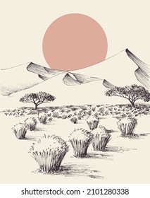 Desert sand dunes landscape, hand drawing