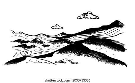 Desert sand dunes sketch vector black and white illustration