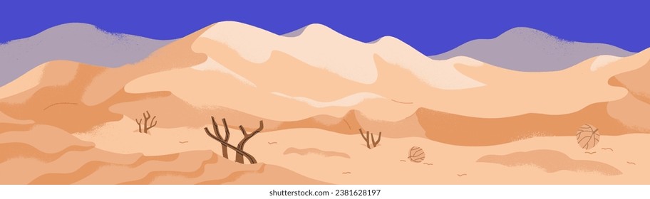 Desert, sand dunes and sky background. Dry nature landscape, empty sandy hills, drought scenery, panoramic view. Dry African environment, Sahara panorama. Long horizontal flat vector illustration