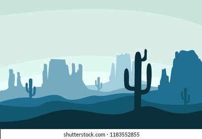 Desert Sand Landscape With Mountains And Cactus Silhouette On The Wild West Texas Blue Color In Flat Cartoon Style Vector