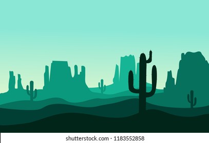 Desert sand landscape with mountains and cactus silhouette on the wild west texas green color vector