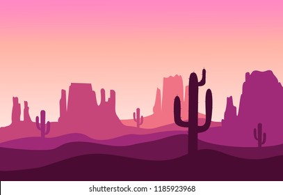 Desert sand landscape with mountains and cactus silhouette on the wild west texas purple color in flat cartoon style vector