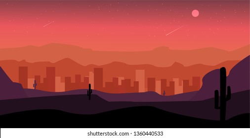 Desert sand landscape with mountains and cactus silhouette in flat cartoon style, vector illustrator