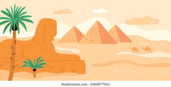 Desert sand landscape with pyramids and camels. Egypt architecture and culture. Historical symbols. Ancient statue of Sphinx. Arid hot climate. Drought panorama. Garish