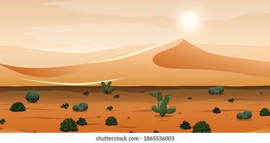 Desierto con montañas de arena y paisaje de cactus en la ilustración de la escena del día