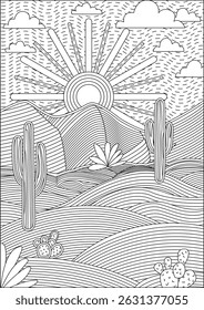 Desert Sand Plant And Sun Scenery Coloring Page For Adult