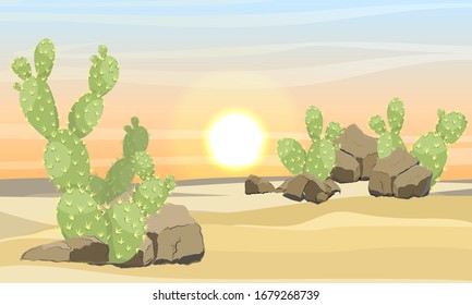 Desert with sand, stones and large green cacti Opuntia. Realistic vector landscape