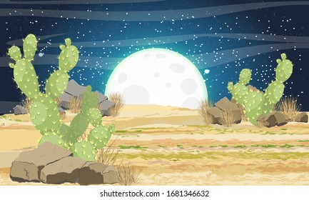 Desert with sand, stones and large green cacti Opuntia at night. Beautiful starry sky with a big full moon. Realistic vector landscape