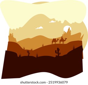 desert sand storm landscape and sun over hill, with clouds on sky. Desert cactus plants and camels on land. Web banner for desert and global warming concept. Vector illustration