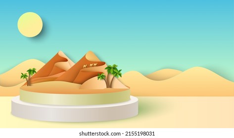 Desert sand travel background. Vector sahara 3d landscape. Papercut adventure poster with sandstone and camel. Africa or Arabic country scenery