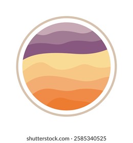 Desert sand waves in a round frame logo. Colorful circle with a wave pattern. The colors are orange, yellow, and purple. The circle is round and has a smooth texture.