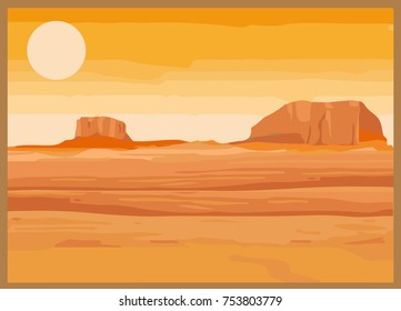 Desert sandstone background. Mountains. Dry desert under sun, endless sand desert. Vector illustration