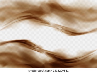 Desert sandstorm, brown dusty cloud border or dry sand flying with gust of wind, brown smoke realistic texture with small particles or grains vector illustration isolated on transparent background
