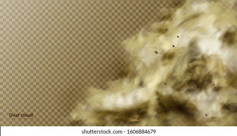 Desert sandstorm, brown dusty cloud or dry sand flying with gust of wind, big explosion realistic texture with small particles or grains vector frame, border isolated on transparent background