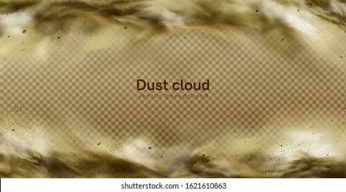 Desert sandstorm, brown dusty cloud or dry sand flying with gust of wind, big explosion realistic texture with small particles or grains vector frame, border isolated on transparent background