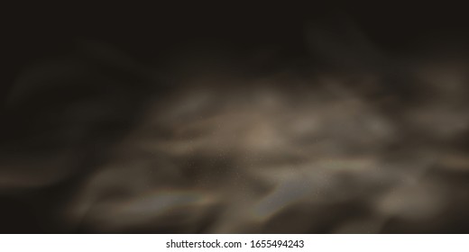 Desert sandstorm, brown dusty cloud or dry sand flying with gust of wind. Cloud of dust, cigarette smoke, smog with dirt, soil or sand microscopic particles realistic vector isolated on background.