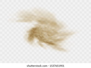 Desert sandstorm, brown dusty twisted or swirling vortex cloud banner or dry sand flying with gust of wind, brown smoke realistic texture vector illustration isolated on transparent background