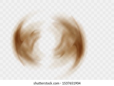 Desert sandstorm, brown dusty twisted or swirling cloud banner or dry sand flying with gust of wind, brown smoke realistic texture vector illustration isolated on transparent background