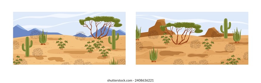 Desert Savanna landscape with sand dunes and unique flora. Desert scenery panoramic view with no people for games and banners design, flat vector illustration.