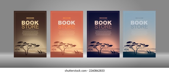 Desert, savannah sunset and dawn. Sand gradient color. Book cover design, flyer, flyer. Abstract landscapes: desert, hills, giraffe