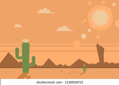 Desert scene with cacti and sun. Vector cartoon flat landscape.