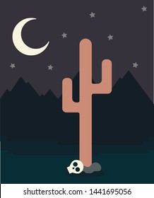 Desert Scene with Cactus, Skull and Mountains at Night