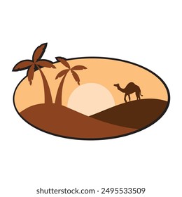 Desert Scene with Camel and Palm Trees Illustration