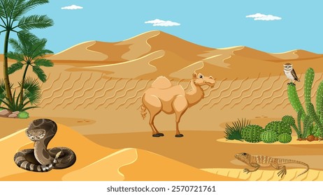 Desert scene with camel, snake, and plants