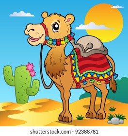 Desert scene with camel - vector illustration.
