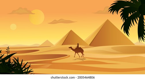 Desert scene with camels at sunset, Silhouette design of men and camel walking across desert, Desert safari.