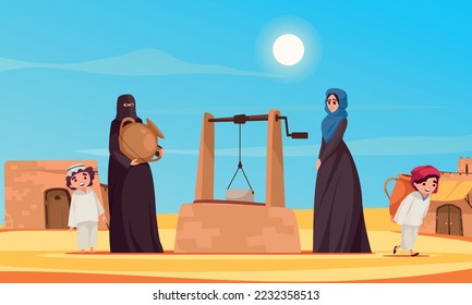 Desert scene cartoon poster with women in traditional clothes near the well vector illustration