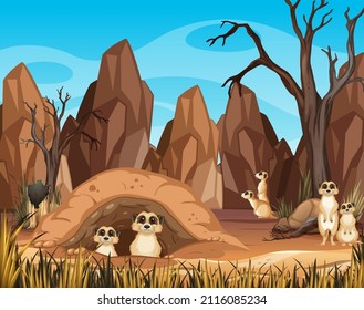 Desert scene with cute little meerkats illustration